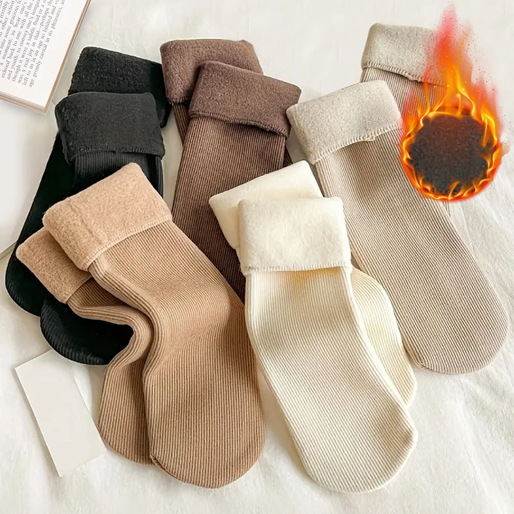 5pairs Winter Warm Solid Women Socks Thicken Thermal Socks Black Skin Seamless Snow Sock Unisex Socks thumbnail 4