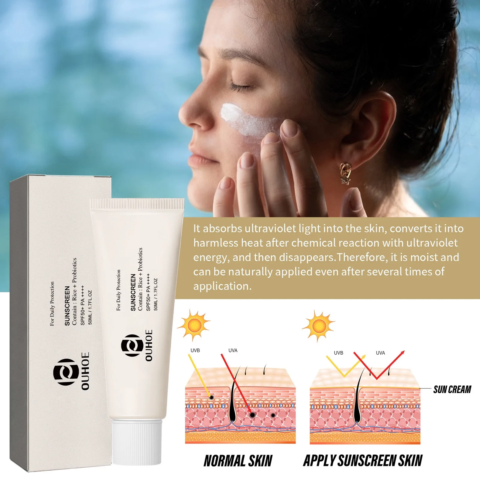 SPF50+ Sunscreen Rice Sun Cream Anti UV Sun Block Facial Mild Moisturizer Serum cream 50ml thumbnail 2