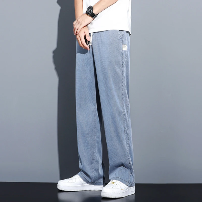 Summer Soft Lyocell Fabric Men's Jeans Thin Loose Straight Pants Drawstring Elastic Waist Korea Casual Trousers Plus Size M-5XL thumbnail 2