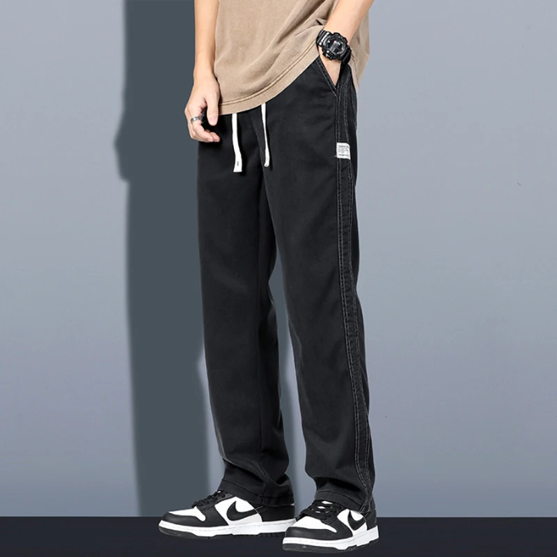 Summer Soft Lyocell Fabric Men's Jeans Thin Loose Straight Pants Drawstring Elastic Waist Korea Casual Trousers Plus Size M-5XL thumbnail 3