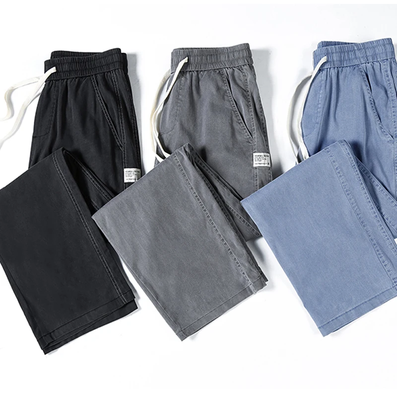 Summer Soft Lyocell Fabric Men's Jeans Thin Loose Straight Pants Drawstring Elastic Waist Korea Casual Trousers Plus Size M-5XL thumbnail 5
