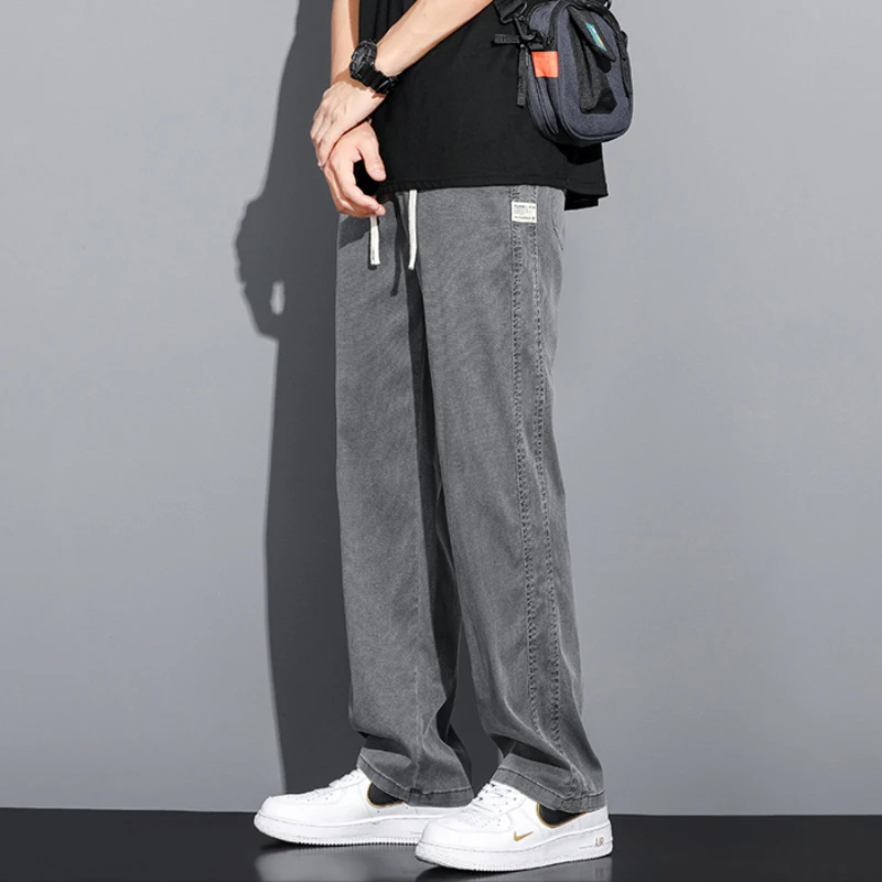 Summer Soft Lyocell Fabric Men's Jeans Thin Loose Straight Pants Drawstring Elastic Waist Korea Casual Trousers Plus Size M-5XL thumbnail 4
