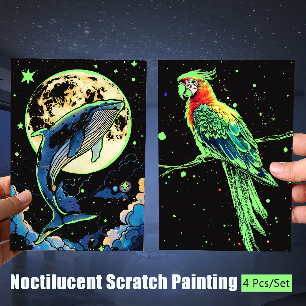 4 Pcs/Set A5 Noctilucent DIY Scratch Painting Castle Lanscape Cute Animal Night View Manual Scratch Painting Drawing thumbnail 4