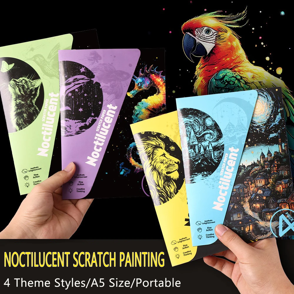 4 Pcs/Set A5 Noctilucent DIY Scratch Painting Castle Lanscape Cute Animal Night View Manual Scratch Painting Drawing thumbnail 3