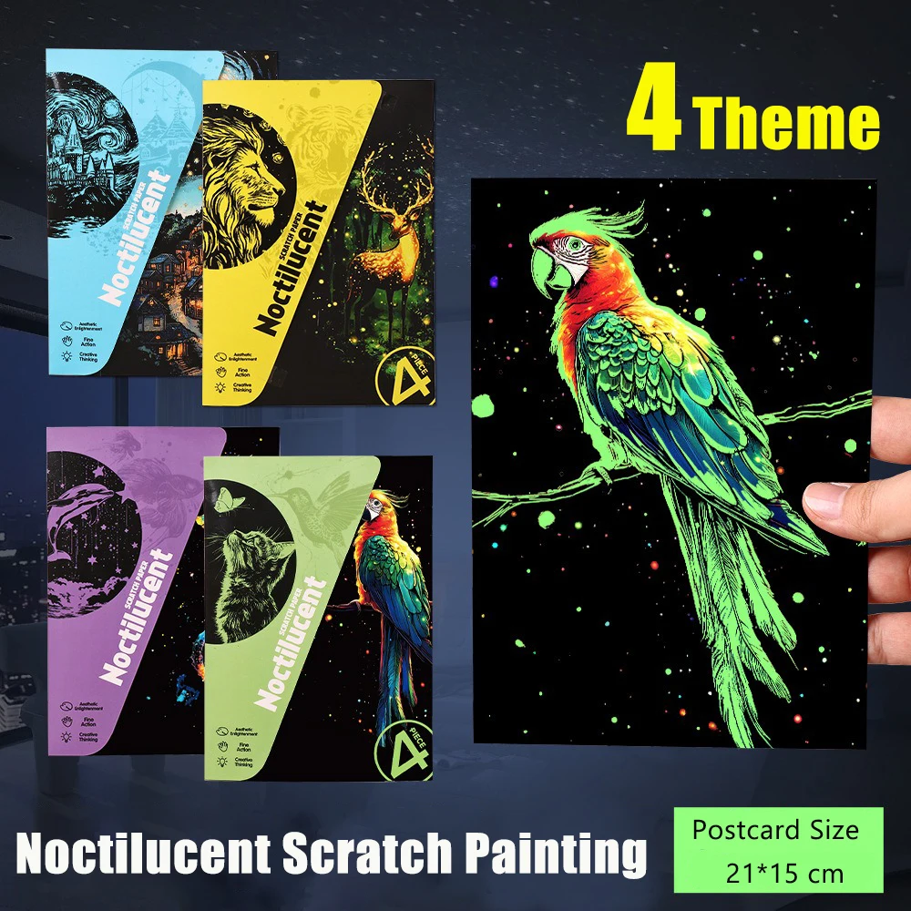 4 Pcs/Set A5 Noctilucent DIY Scratch Painting Castle Lanscape Cute Animal Night View Manual Scratch Painting Drawing thumbnail 2