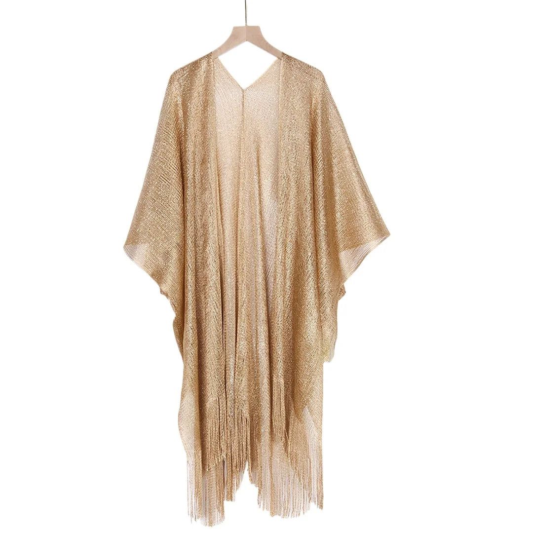 Gold Crochet Cover Up Women Sun Protective Beach Shirt Sheer Mesh Tunic with Shiny Tassel Trim Resort Wear Swimwear Cover Ups thumbnail 6