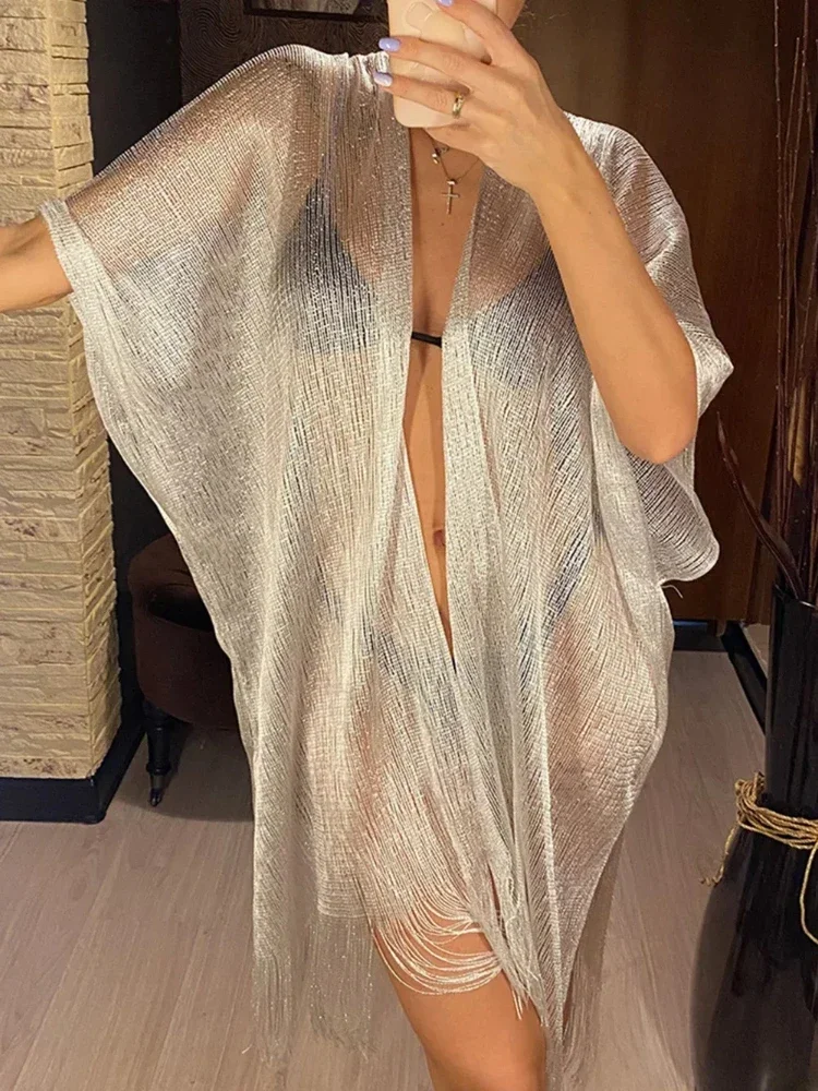 Gold Crochet Cover Up Women Sun Protective Beach Shirt Sheer Mesh Tunic with Shiny Tassel Trim Resort Wear Swimwear Cover Ups thumbnail 2