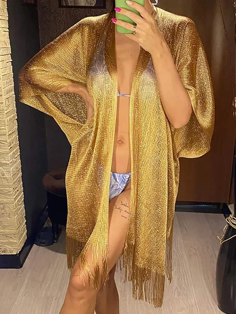 Gold Crochet Cover Up Women Sun Protective Beach Shirt Sheer Mesh Tunic with Shiny Tassel Trim Resort Wear Swimwear Cover Ups thumbnail 4