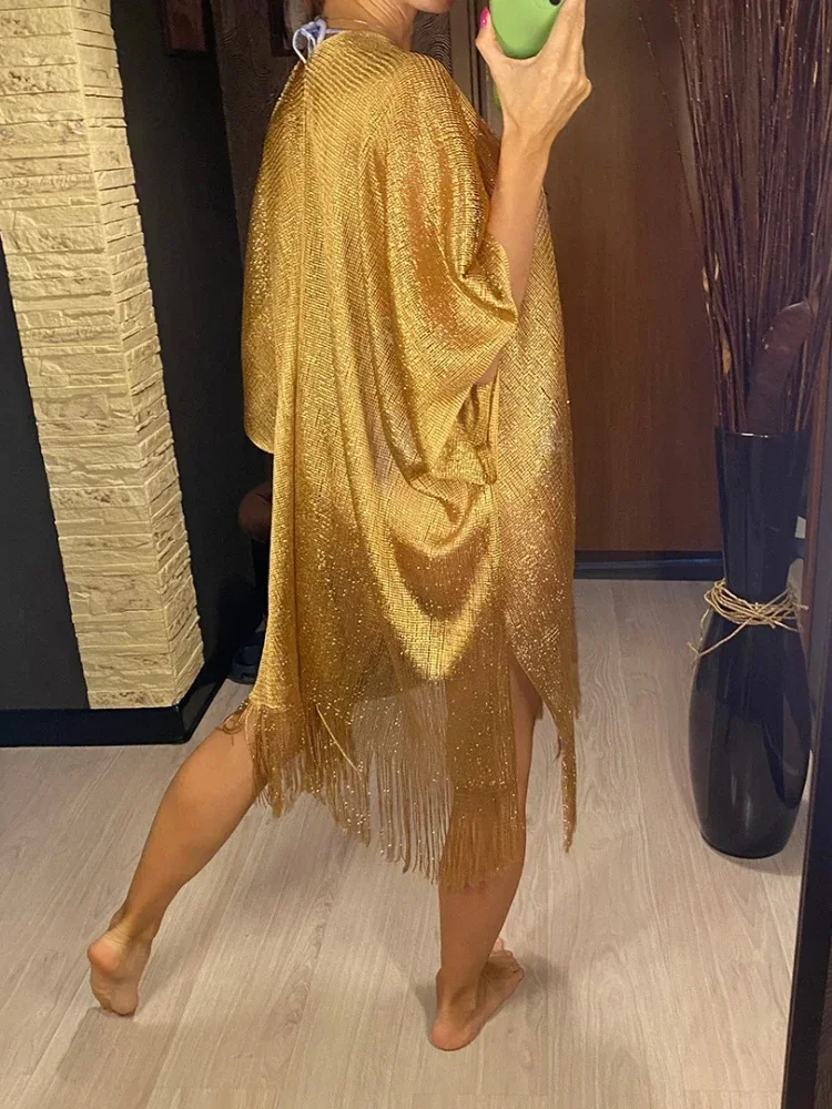 Gold Crochet Cover Up Women Sun Protective Beach Shirt Sheer Mesh Tunic with Shiny Tassel Trim Resort Wear Swimwear Cover Ups thumbnail 5