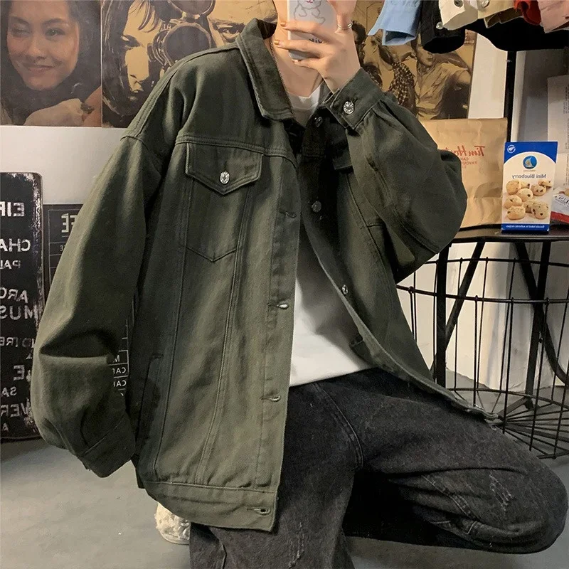 Spring Korean Fashion Green Denim Jackets For Men Multi-pocket Cargo Outerwear Aesthetic Y2K Streetwear Jacket Casual Coats thumbnail 3