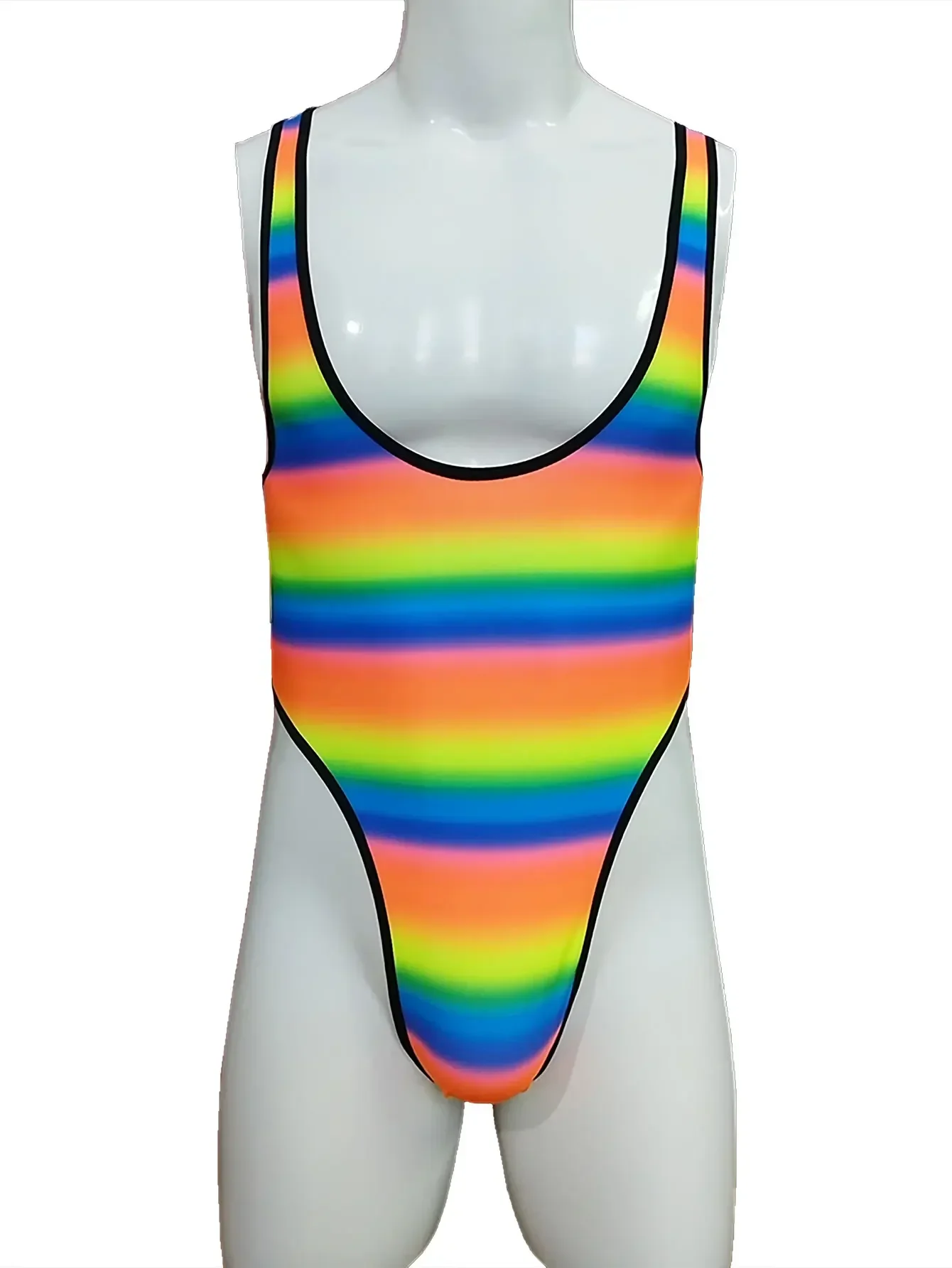Men's Rainbow Striped Sexy One-Piece Swimsuit Lingerie Shaper Young Man Swimwear Thong Beach Wear Surfing Bathing Suit Shorts thumbnail 5