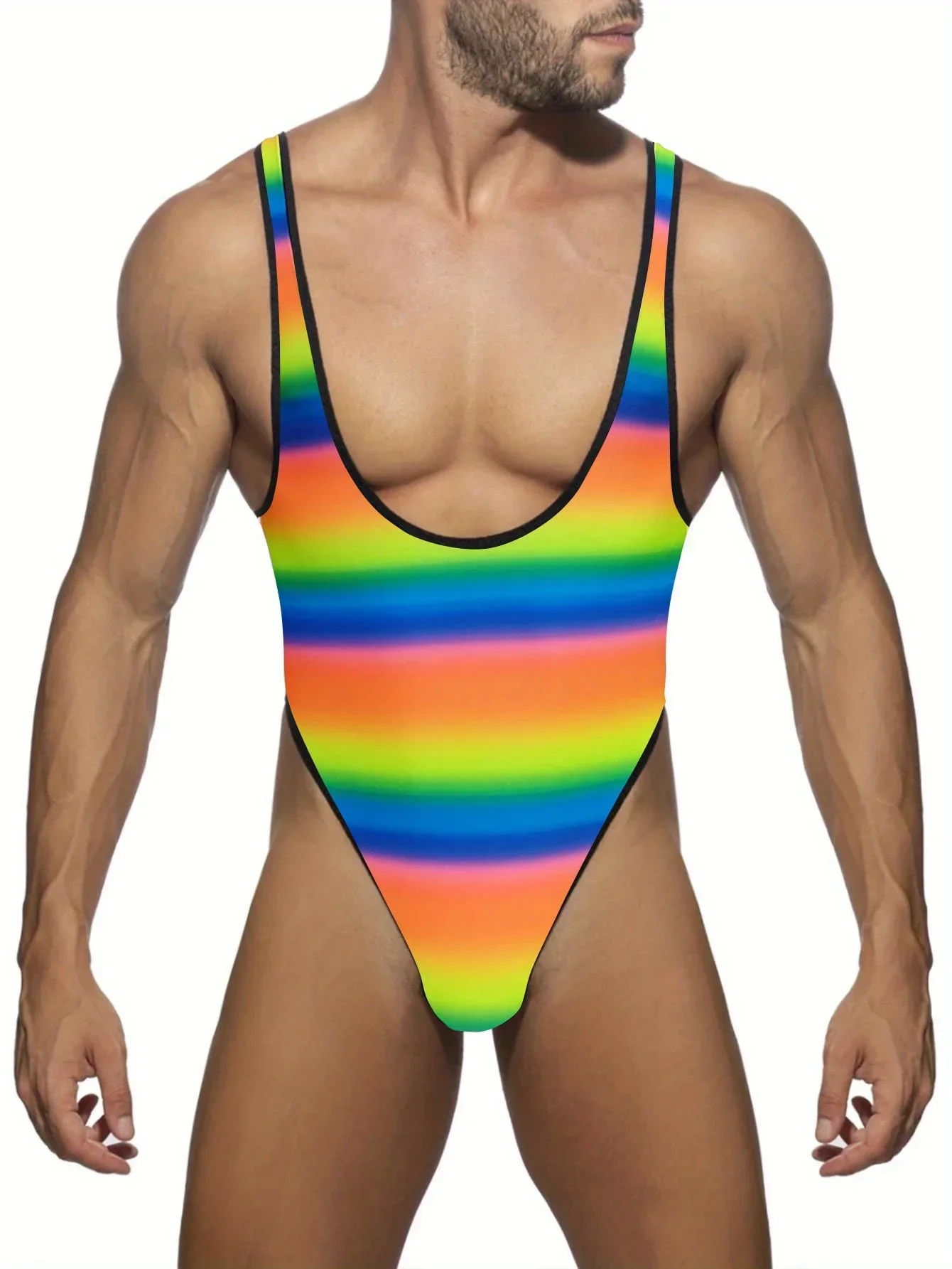 Men's Rainbow Striped Sexy One-Piece Swimsuit Lingerie Shaper Young Man Swimwear Thong Beach Wear Surfing Bathing Suit Shorts