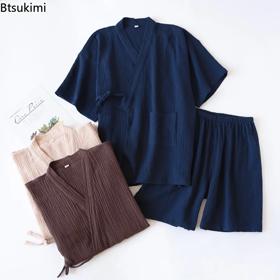 Men's Summer Cotton Pajama Sets Short Sleeved Shorts Pyjamas Men V-Neck Kimono Pijamas Thin Sleepwear 2 Piece Set Home Clothes thumbnail 2