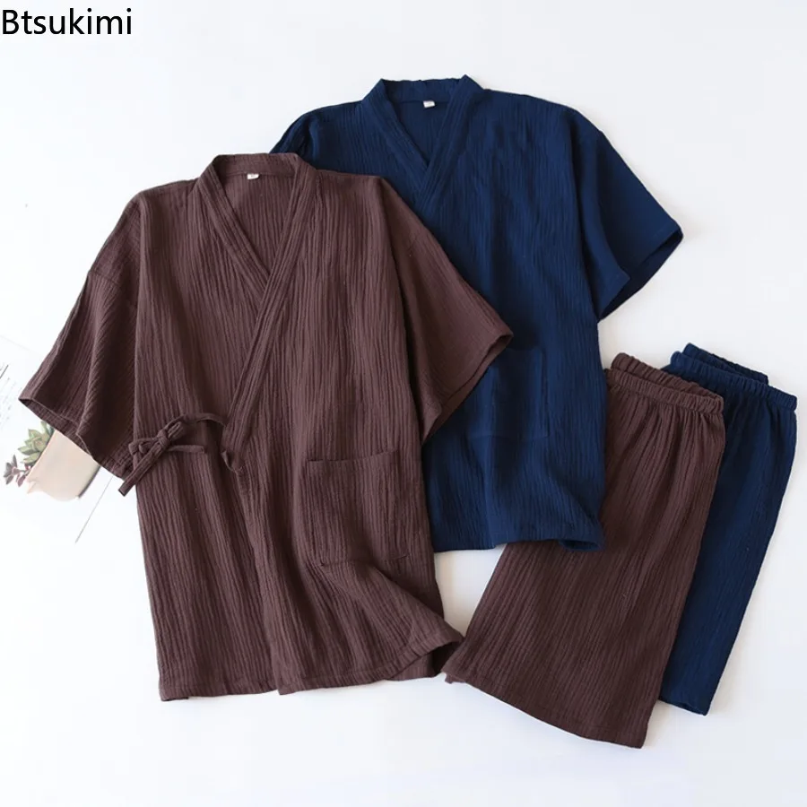 Men's Summer Cotton Pajama Sets Short Sleeved Shorts Pyjamas Men V-Neck Kimono Pijamas Thin Sleepwear 2 Piece Set Home Clothes thumbnail 3