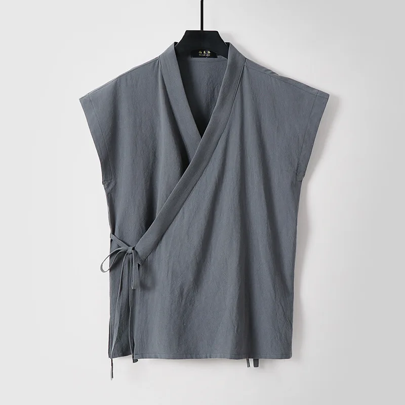 Chinese Traditional Clothes Men's Cotton Linen Tank Tops Sleeveless Tang Suit Tops Kimono Cardigan Solid Vintage Hanfu Vest Male