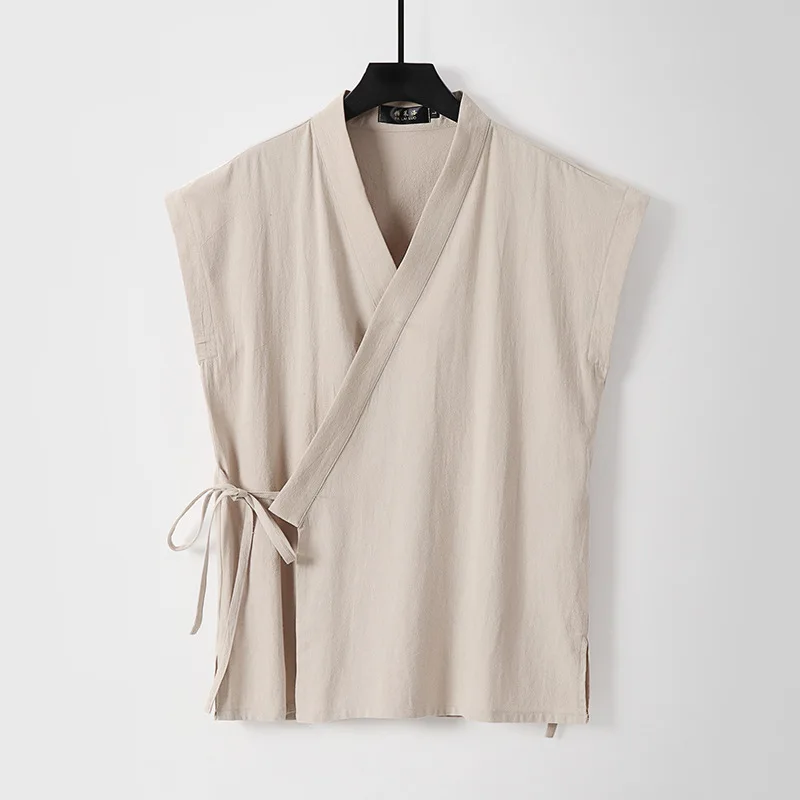 Chinese Traditional Clothes Men's Cotton Linen Tank Tops Sleeveless Tang Suit Tops Kimono Cardigan Solid Vintage Hanfu Vest Male thumbnail 3