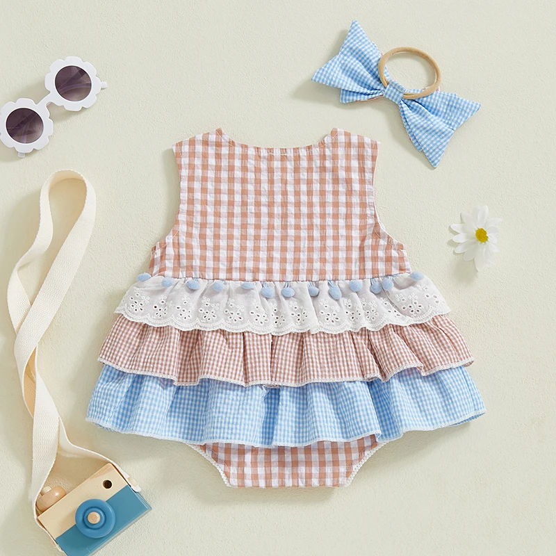 0-18M Newborn Infant Baby Girl Clothes Sleeveless Plaid Romper Dress Bow Layer Tutu Dresses Bow Headband Summer Bodysuit thumbnail 3