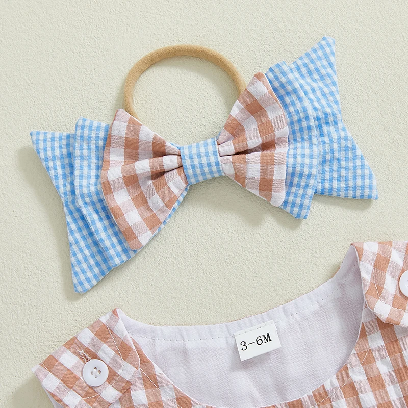 0-18M Newborn Infant Baby Girl Clothes Sleeveless Plaid Romper Dress Bow Layer Tutu Dresses Bow Headband Summer Bodysuit thumbnail 5