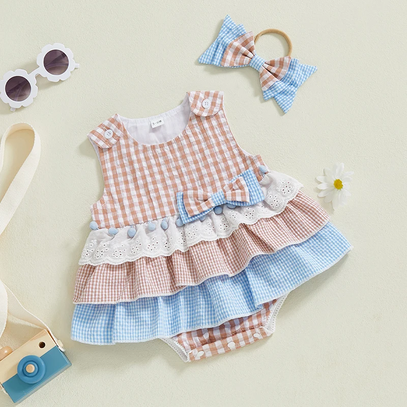 0-18M Newborn Infant Baby Girl Clothes Sleeveless Plaid Romper Dress Bow Layer Tutu Dresses Bow Headband Summer Bodysuit thumbnail 4
