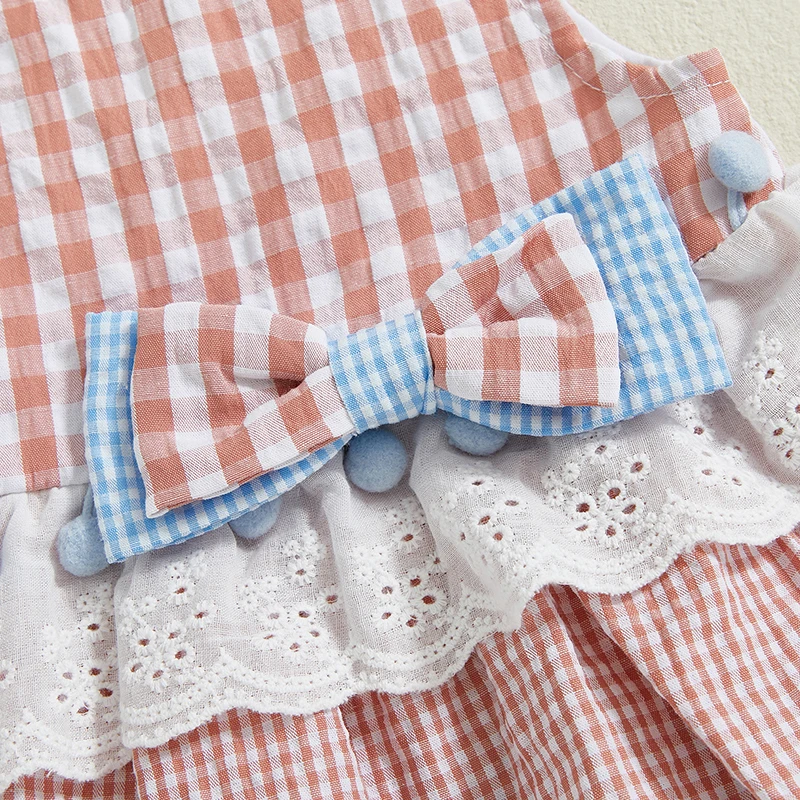 0-18M Newborn Infant Baby Girl Clothes Sleeveless Plaid Romper Dress Bow Layer Tutu Dresses Bow Headband Summer Bodysuit thumbnail 2