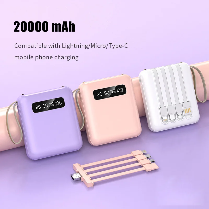 Portable Power Bank 20000mA with Cable Large Capacity Micro/Lightning/Type-C Output Mobile Phone External Battery Powers Supply thumbnail 3