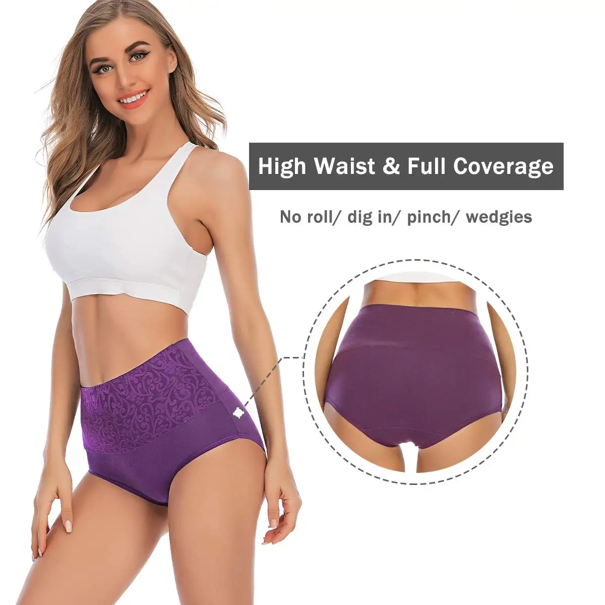 Plus Size Women's Cotton Underwear High Waisted Tummy Control Panties Full Coverage Briefs Jacquard Ladies Panty 3 Pack thumbnail 2