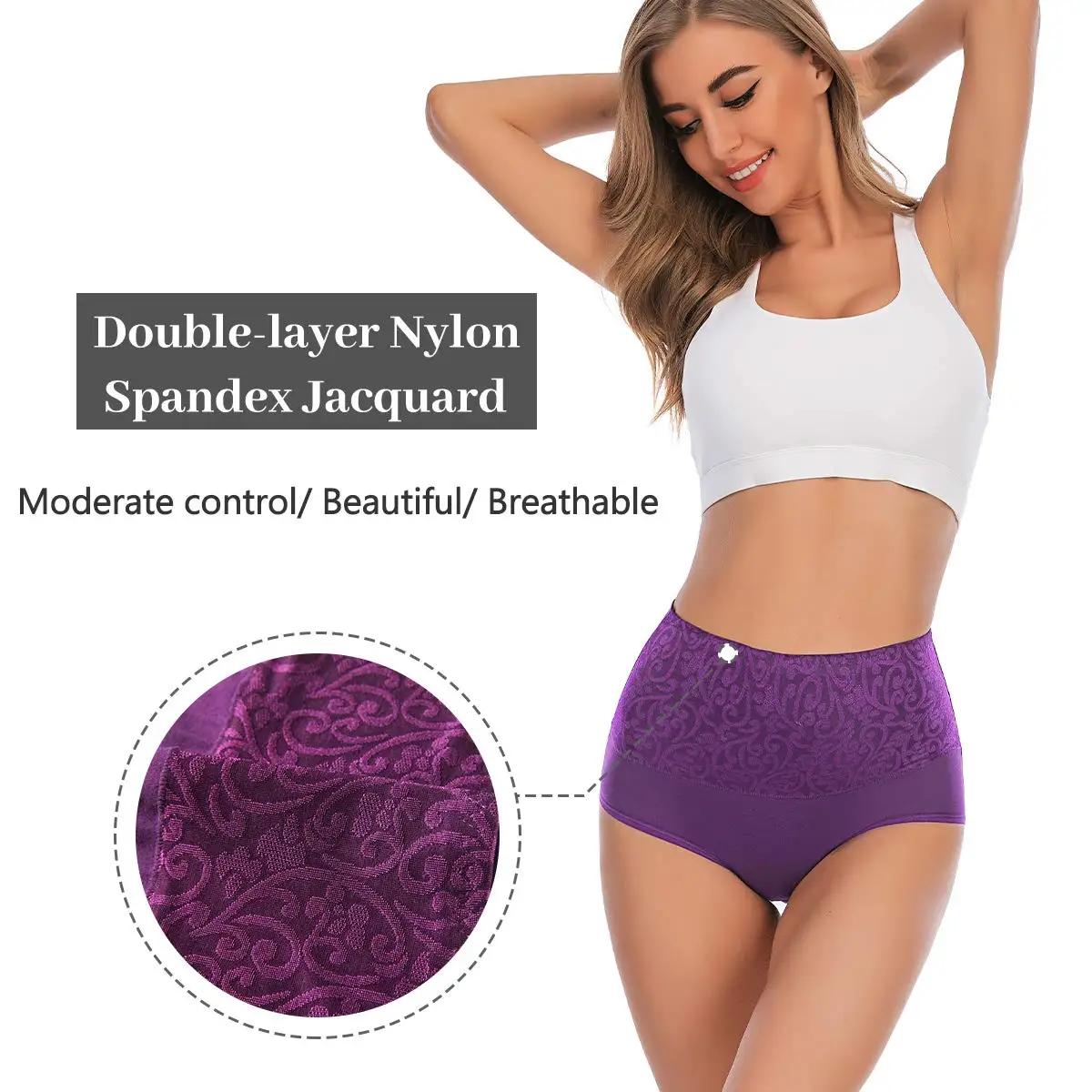 Plus Size Women's Cotton Underwear High Waisted Tummy Control Panties Full Coverage Briefs Jacquard Ladies Panty 3 Pack thumbnail 4