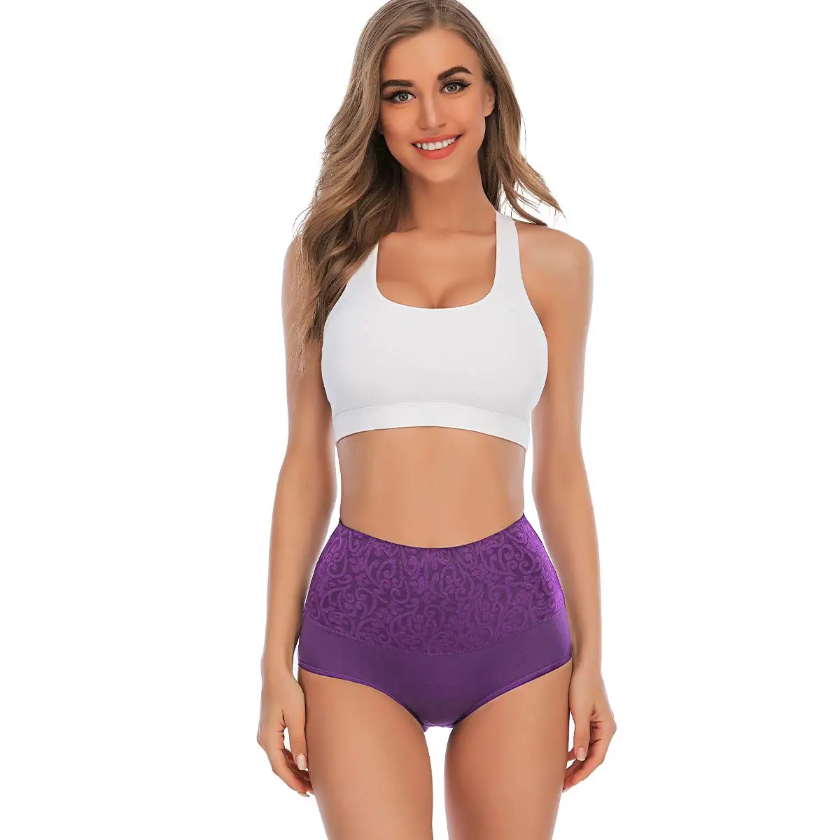 Plus Size Women's Cotton Underwear High Waisted Tummy Control Panties Full Coverage Briefs Jacquard Ladies Panty 3 Pack thumbnail 6