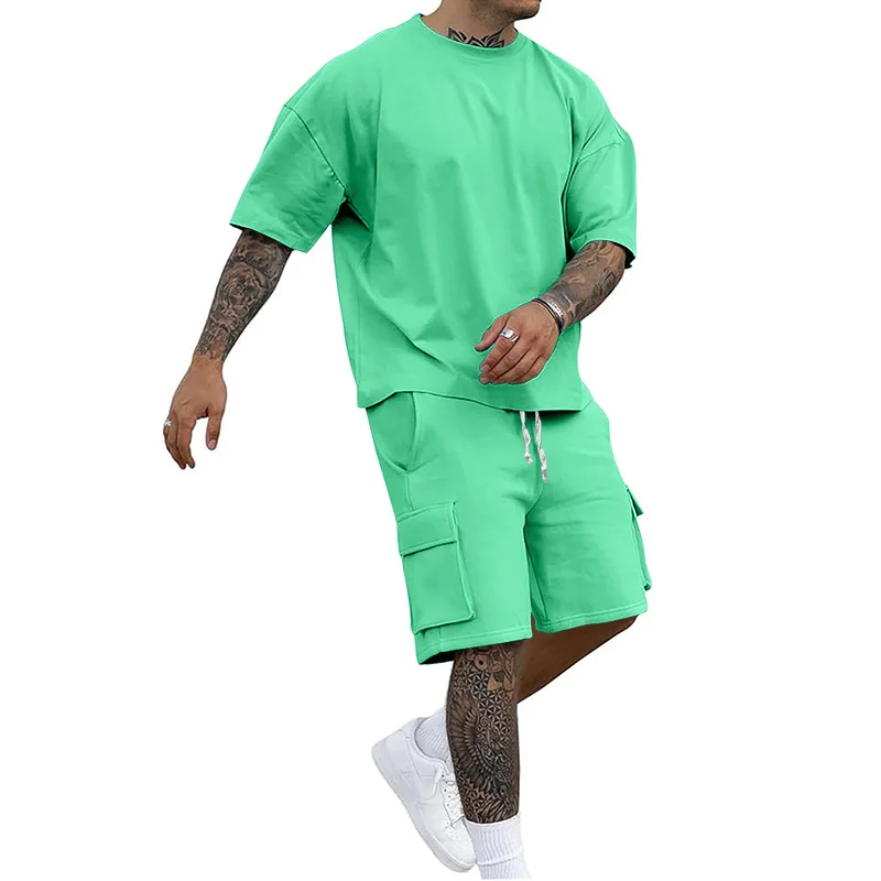 New Summer Style Fashion T-shirt and Utility Shorts Solid Color Set, a Casual and Sporty Men's Suit thumbnail 3