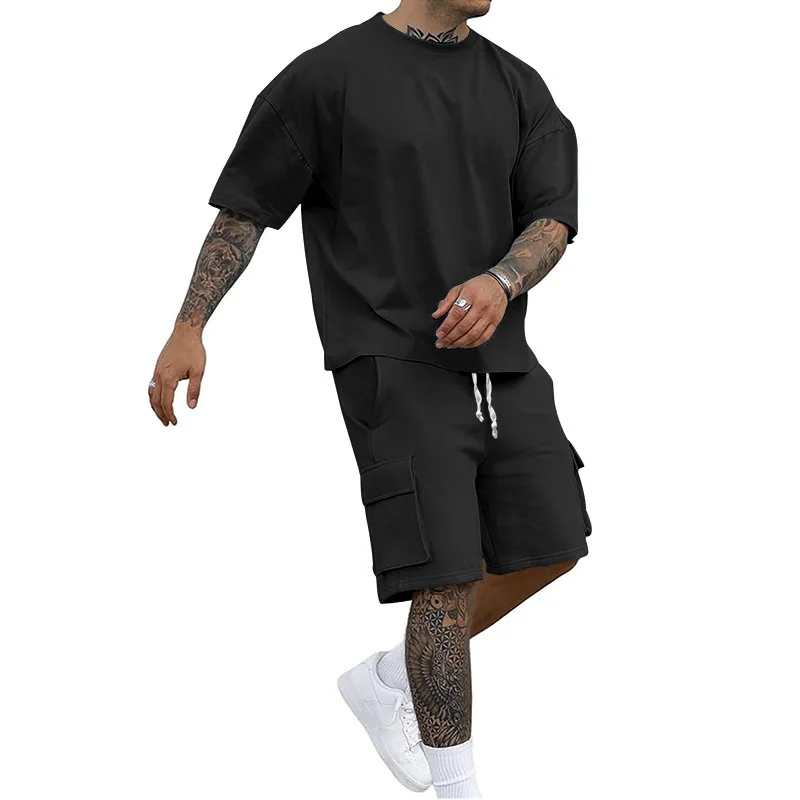 New Summer Style Fashion T-shirt and Utility Shorts Solid Color Set, a Casual and Sporty Men's Suit thumbnail 2