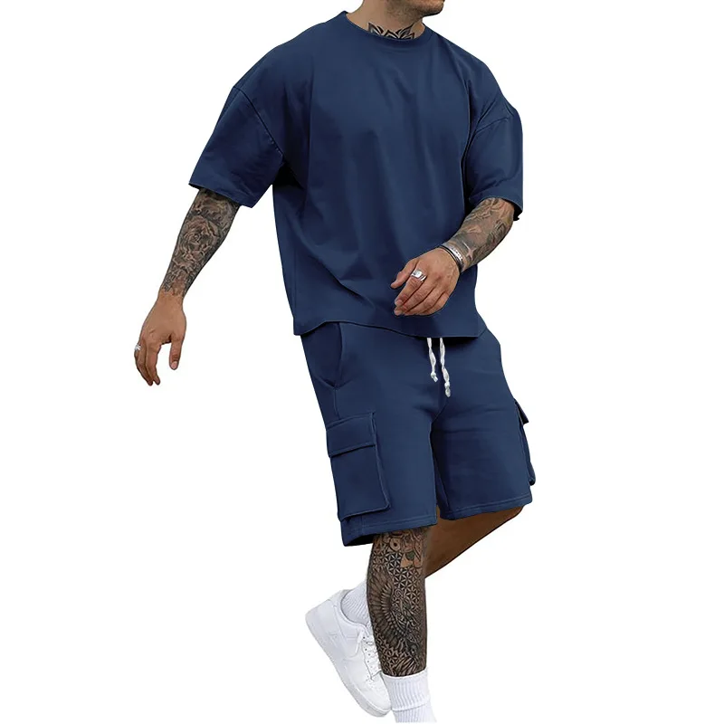 New Summer Style Fashion T-shirt and Utility Shorts Solid Color Set, a Casual and Sporty Men's Suit thumbnail 4