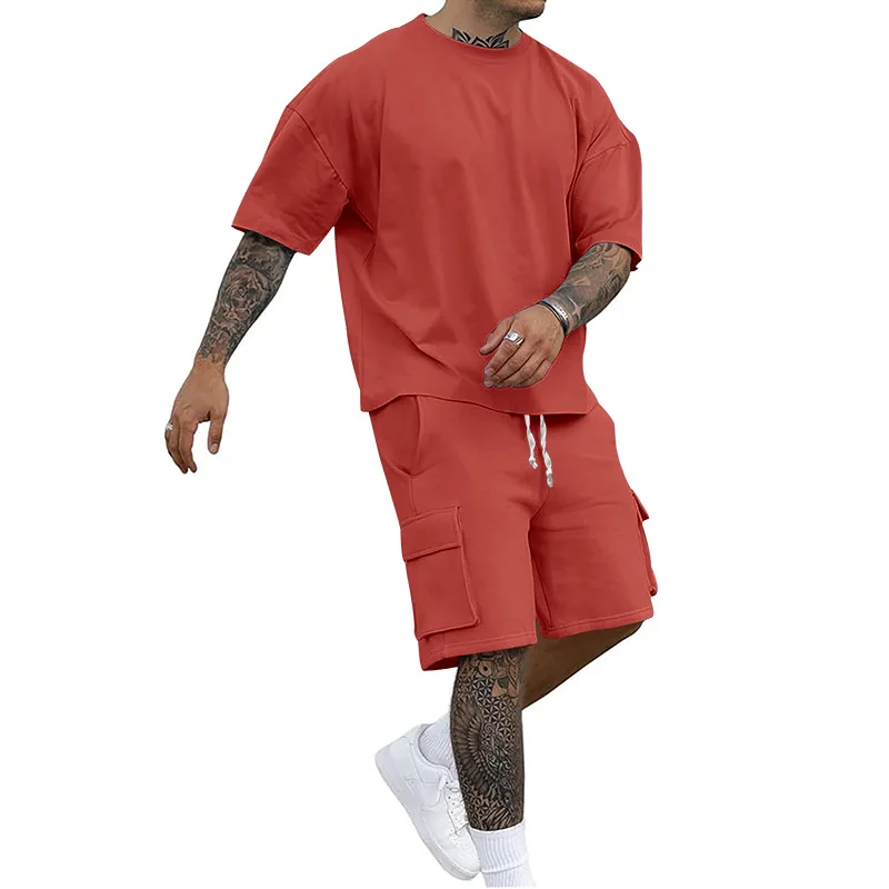 New Summer Style Fashion T-shirt and Utility Shorts Solid Color Set, a Casual and Sporty Men's Suit thumbnail 5