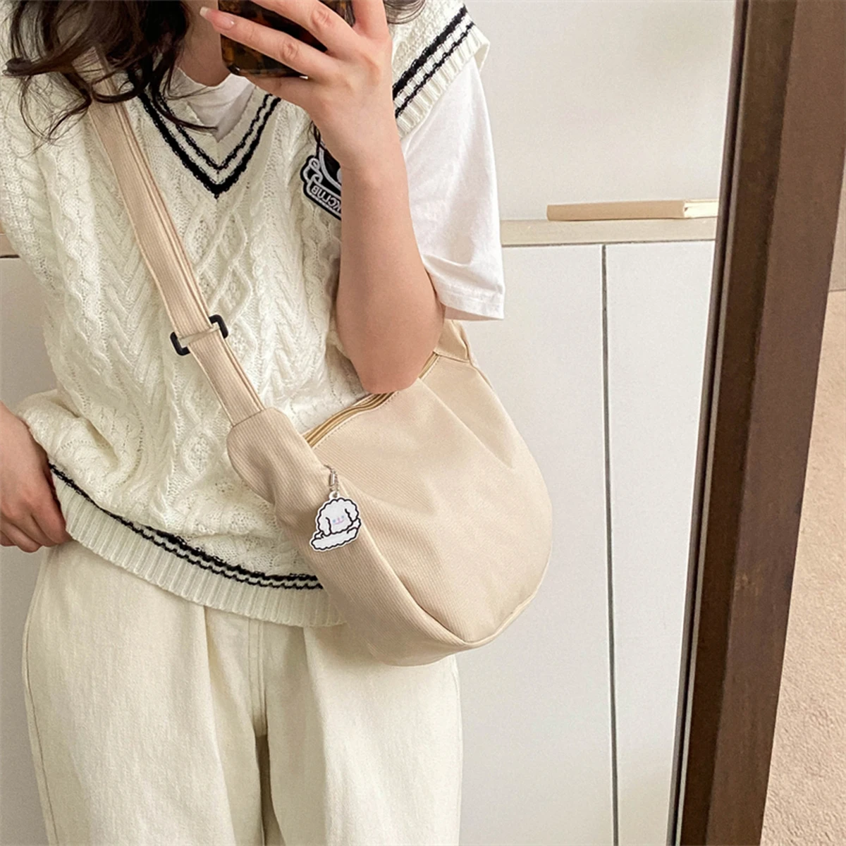 Minimalist Crossbody Bag with Puppy Pendant - Spacious & Stylish Scratch-Resistant Nylon Shoulder Bag  for Daily Essentials thumbnail 5