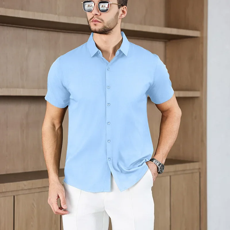 New Men's Business Casual Solid Color Short Sleeved Shirt for Summer Fashion No Ironing Comfortable and Versatile Top thumbnail 5