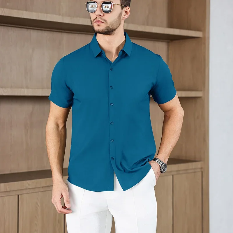 New Men's Business Casual Solid Color Short Sleeved Shirt for Summer Fashion No Ironing Comfortable and Versatile Top thumbnail 4