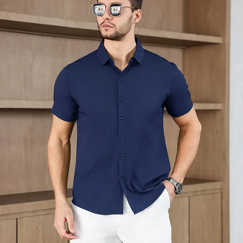New Men's Business Casual Solid Color Short Sleeved Shirt for Summer Fashion No Ironing Comfortable and Versatile Top thumbnail 3