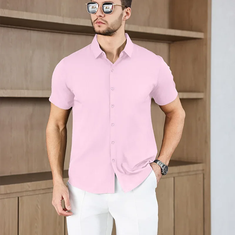 New Men's Business Casual Solid Color Short Sleeved Shirt for Summer Fashion No Ironing Comfortable and Versatile Top thumbnail 6