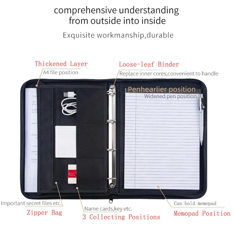 Large Black Business Portfolio File Document Folder Zipper A4 Paper Organizer Bag Padfolio Binder Briefcase Conference Office thumbnail 4
