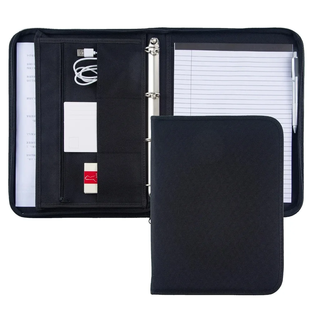 Large Black Business Portfolio File Document Folder Zipper A4 Paper Organizer Bag Padfolio Binder Briefcase Conference Office thumbnail 2