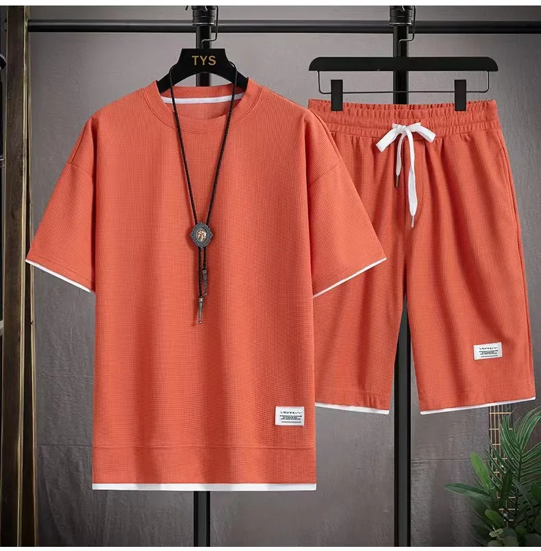 Men's new Waffle Summer Suit 2025 Casual T-shirt + Shorts Suit Men's Tracksuit Solid color tracksuit loose suit thumbnail 2