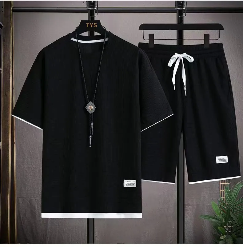 Men's new Waffle Summer Suit 2025 Casual T-shirt + Shorts Suit Men's Tracksuit Solid color tracksuit loose suit thumbnail 4
