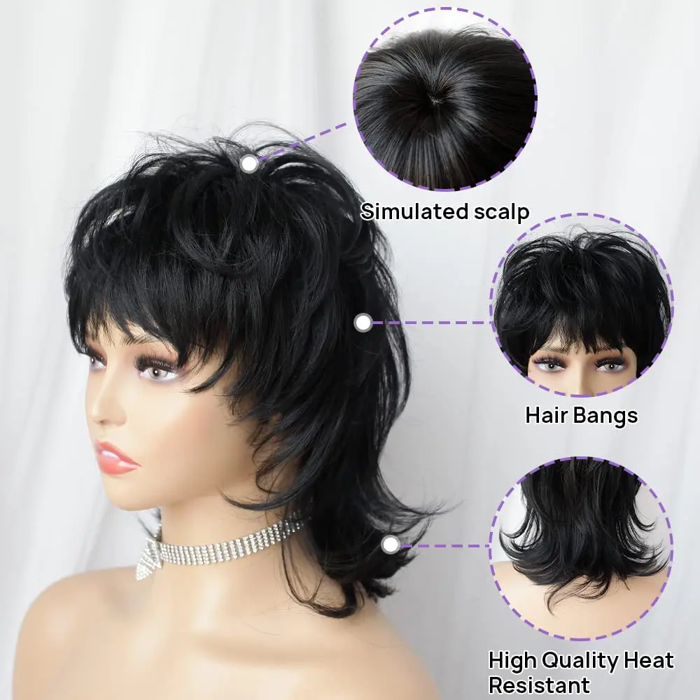 Short wig shaggy Layered 80s Mullet wig Pixie Cut wig WithBangs Curly Synthetic Fake Hair For Women Party Cosplay Use thumbnail 2