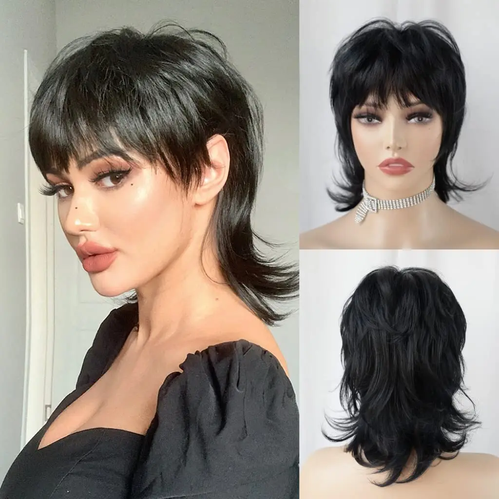 Short wig shaggy Layered 80s Mullet wig Pixie Cut wig WithBangs Curly Synthetic Fake Hair For Women Party Cosplay Use thumbnail 3