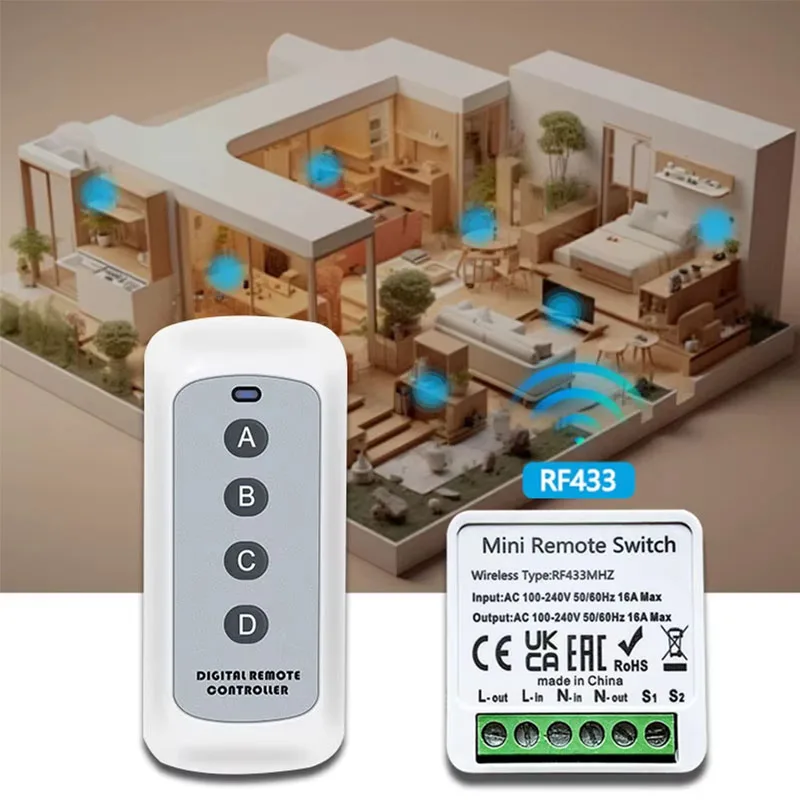 433MHZ Universal Wireless Switch 16A Smart 4Key Remote Control Relay Receiver 2-way Control Module For Led Lamp Fan Garage Doors thumbnail 4