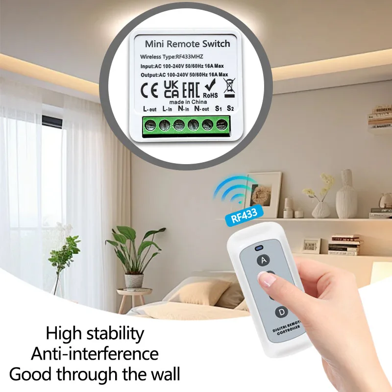 433MHZ Universal Wireless Switch 16A Smart 4Key Remote Control Relay Receiver 2-way Control Module For Led Lamp Fan Garage Doors thumbnail 2
