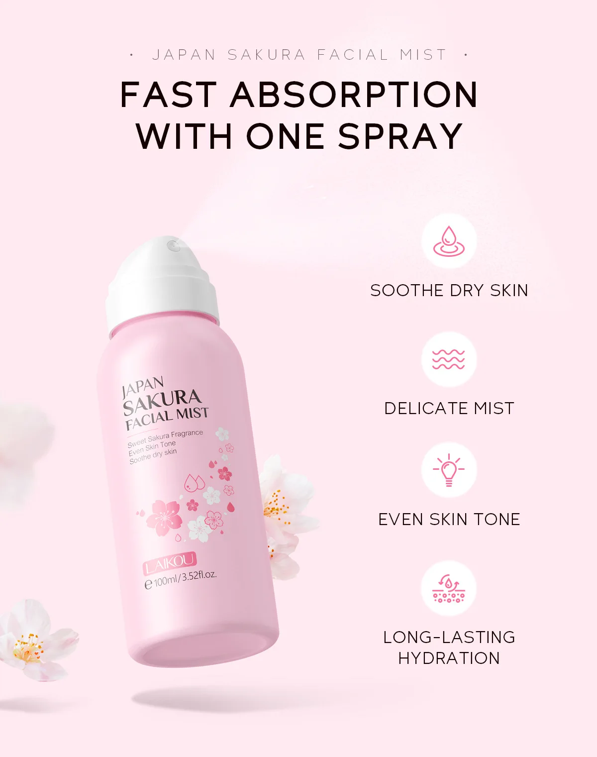 LAIKOU Sakura Facial Mist Brightening Spray Moisturizing Face Serum Brightening Toner Shrink Pores Oil Controlg Skincare 100ml thumbnail 2