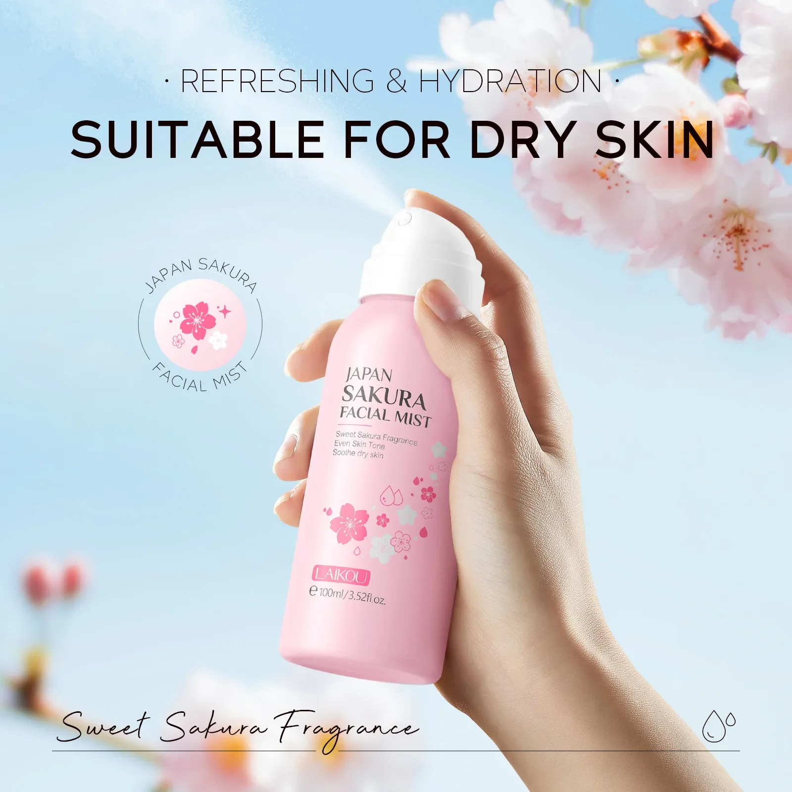 LAIKOU Sakura Facial Mist Brightening Spray Moisturizing Face Serum Brightening Toner Shrink Pores Oil Controlg Skincare 100ml thumbnail 5