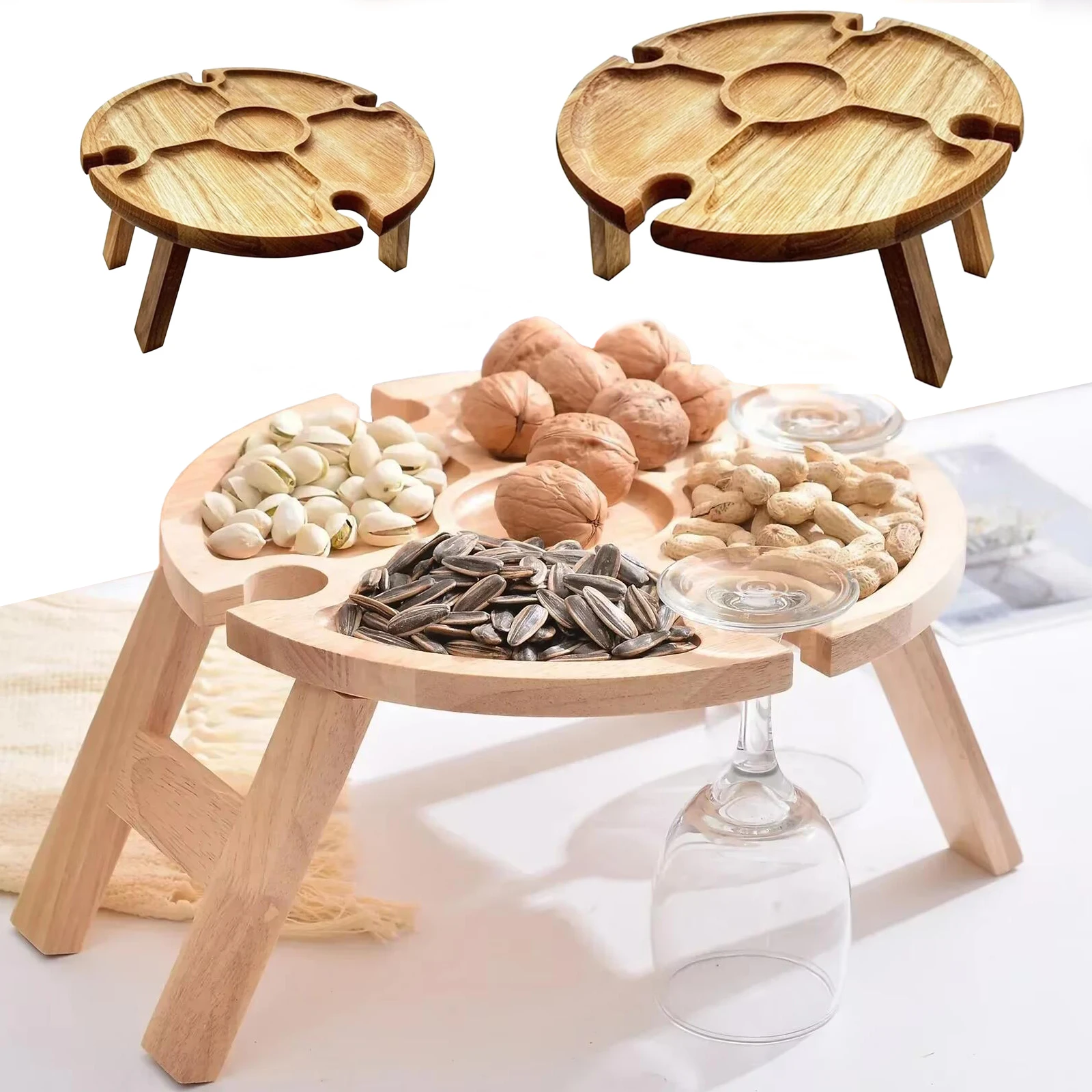 High Quality Wooden Folding Picnic Table Portable Chair Casual Snack Tray Wine Rack Kitchen Storage Container