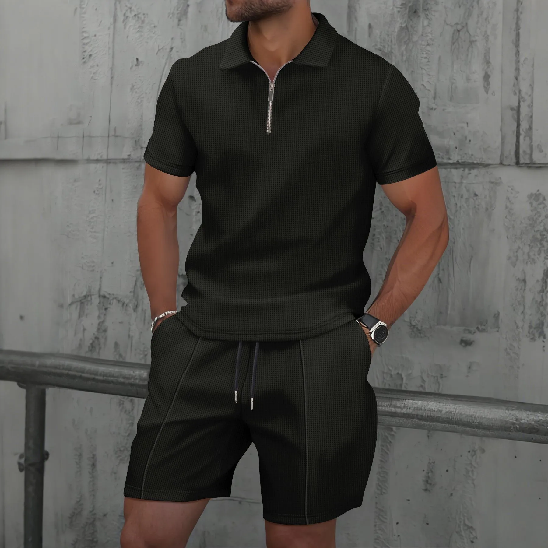 2026 Men Europe and the United States new summer Waffle solid color zip-up lapel short-sleeve suit shorts two sets thumbnail 5