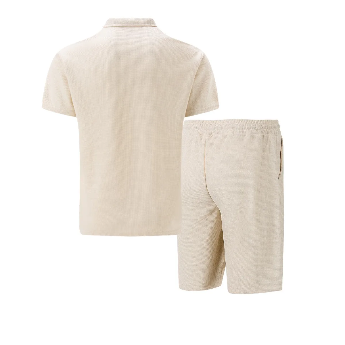 2026 Men Europe and the United States new summer Waffle solid color zip-up lapel short-sleeve suit shorts two sets thumbnail 3